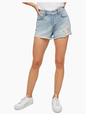 7 For All Mankind Light Blue Distressed Monroe High-Waist Jean Shorts 25